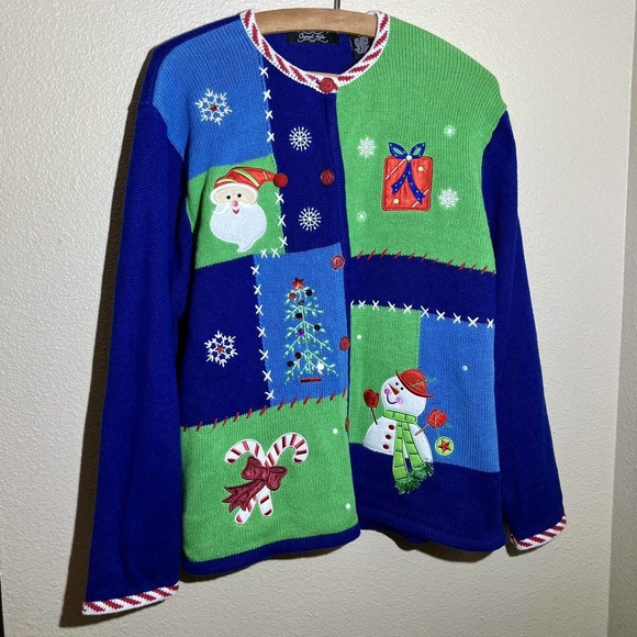 Ugly Christmas Sweater Size M Cardigan Crystal Kobe Preowned Appliqués Sequins - Picture 1 of 7